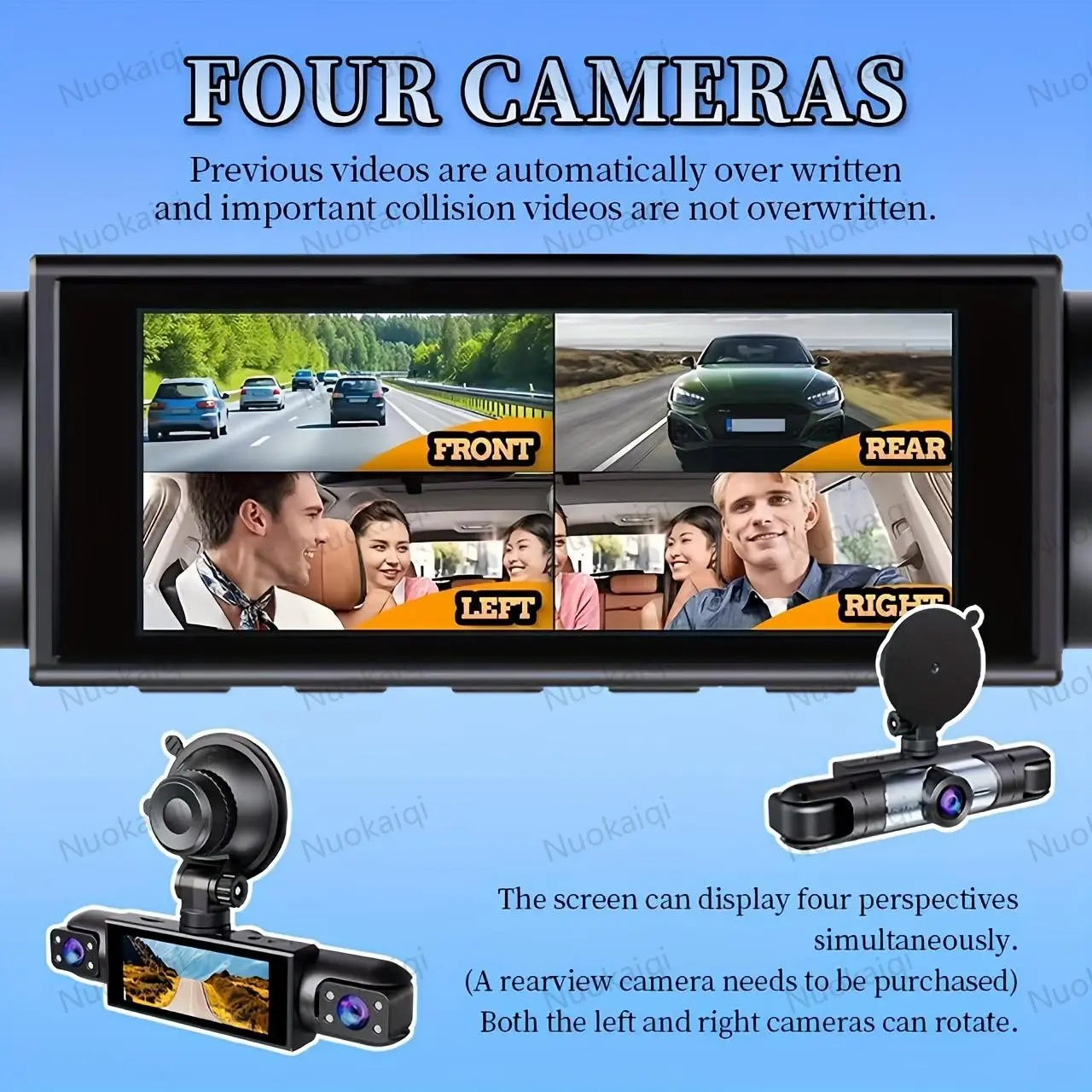 Nuokaiqi 360° Car Dash Cam with Starlight Night Vision, WiFi Connectivity, and Four Screen Surveillance System