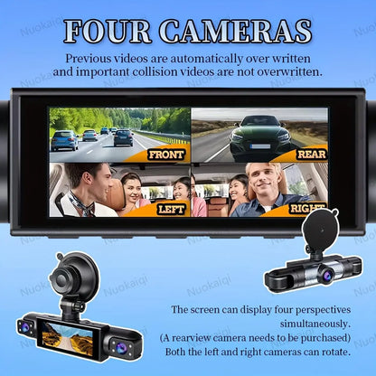 Nuokaiqi 360° Car Dash Cam with Starlight Night Vision, WiFi Connectivity, and Four Screen Surveillance System