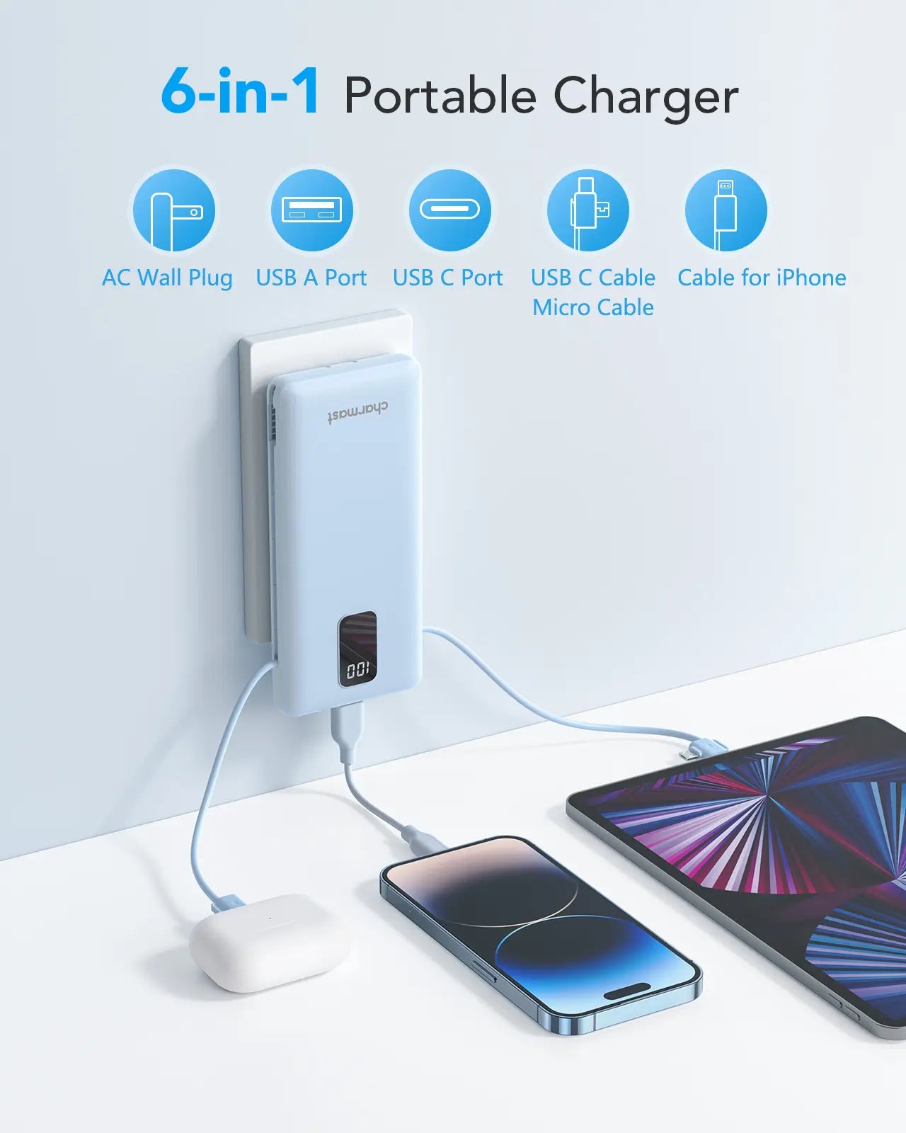 Charmast 10000mAh Portable Charger with Integrated Cables and Plug, Fast Charging USB-C Power Bank, Slim External Battery Pack, Travel Essential Compatible with iPhones, Samsung Galaxy, and iPad