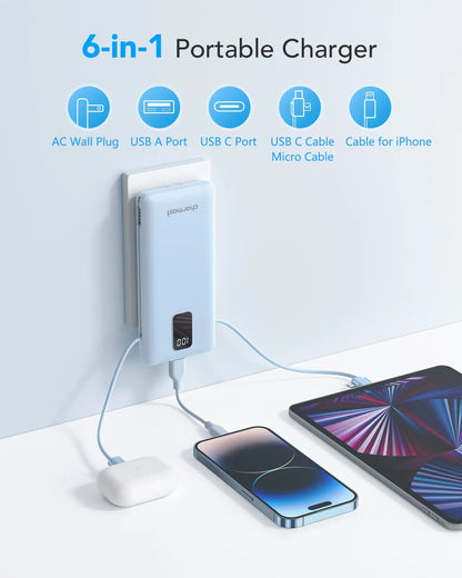 Charmast 10000mAh Portable Charger with Integrated Cables and Plug, Fast Charging USB-C Power Bank, Slim External Battery Pack, Travel Essential Compatible with iPhones, Samsung Galaxy, and iPad