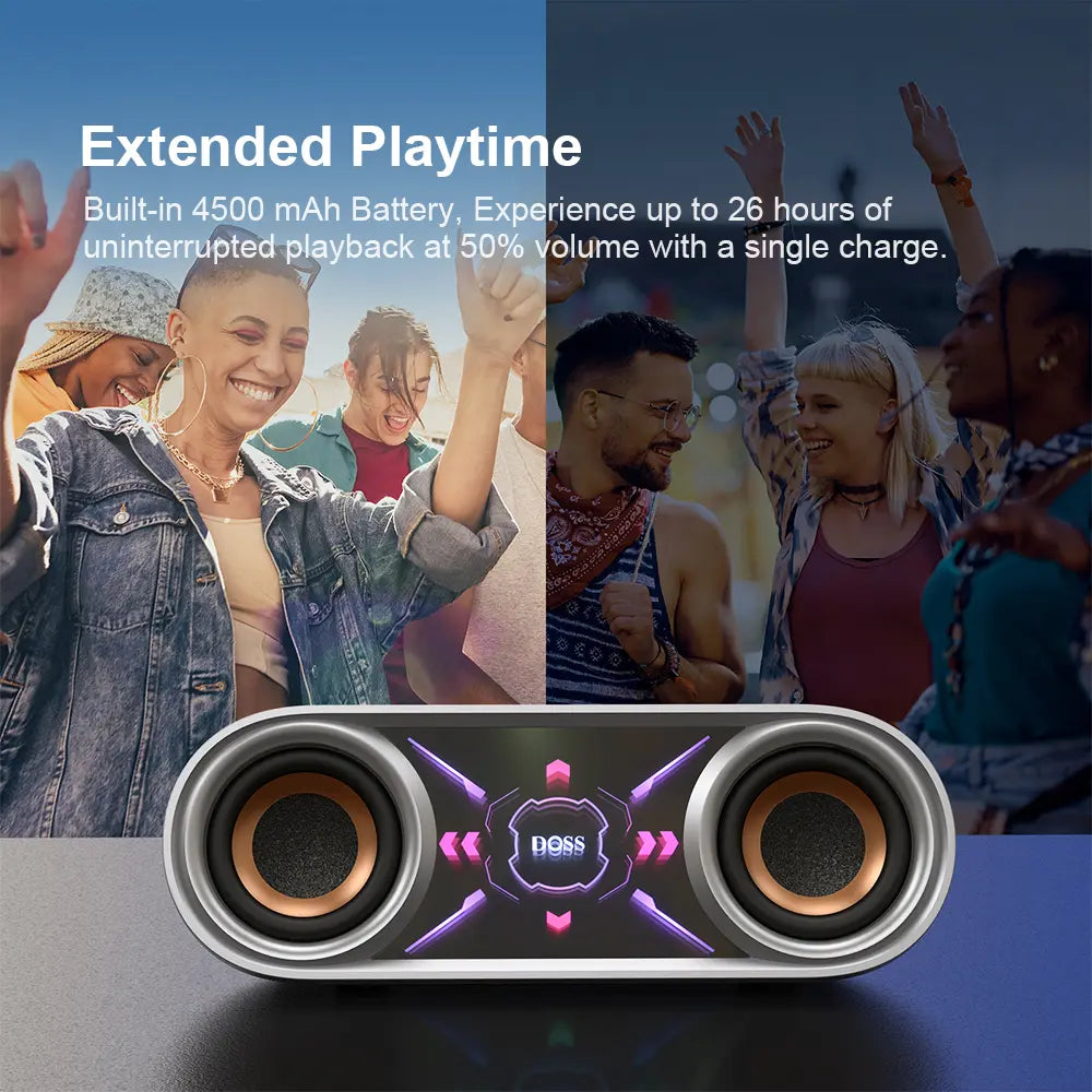 DOSS Soundbox Pro+ P400 Multifunctional Wireless Speaker - 50W Full Range Stereo with Dual 25W Woofer Drivers, DSP Technology, 26 Hours Playtime, Dual Rechargeable Batteries, Portable Design for Outdoor and Home Use, Black with Phantom Mirror Light Show