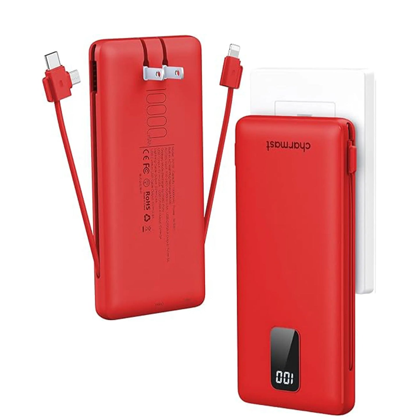 Charmast 10000mAh Portable Charger with Integrated Cables and Plug, Fast Charging USB-C Power Bank, Slim External Battery Pack, Travel Essential Compatible with iPhones, Samsung Galaxy, and iPad
