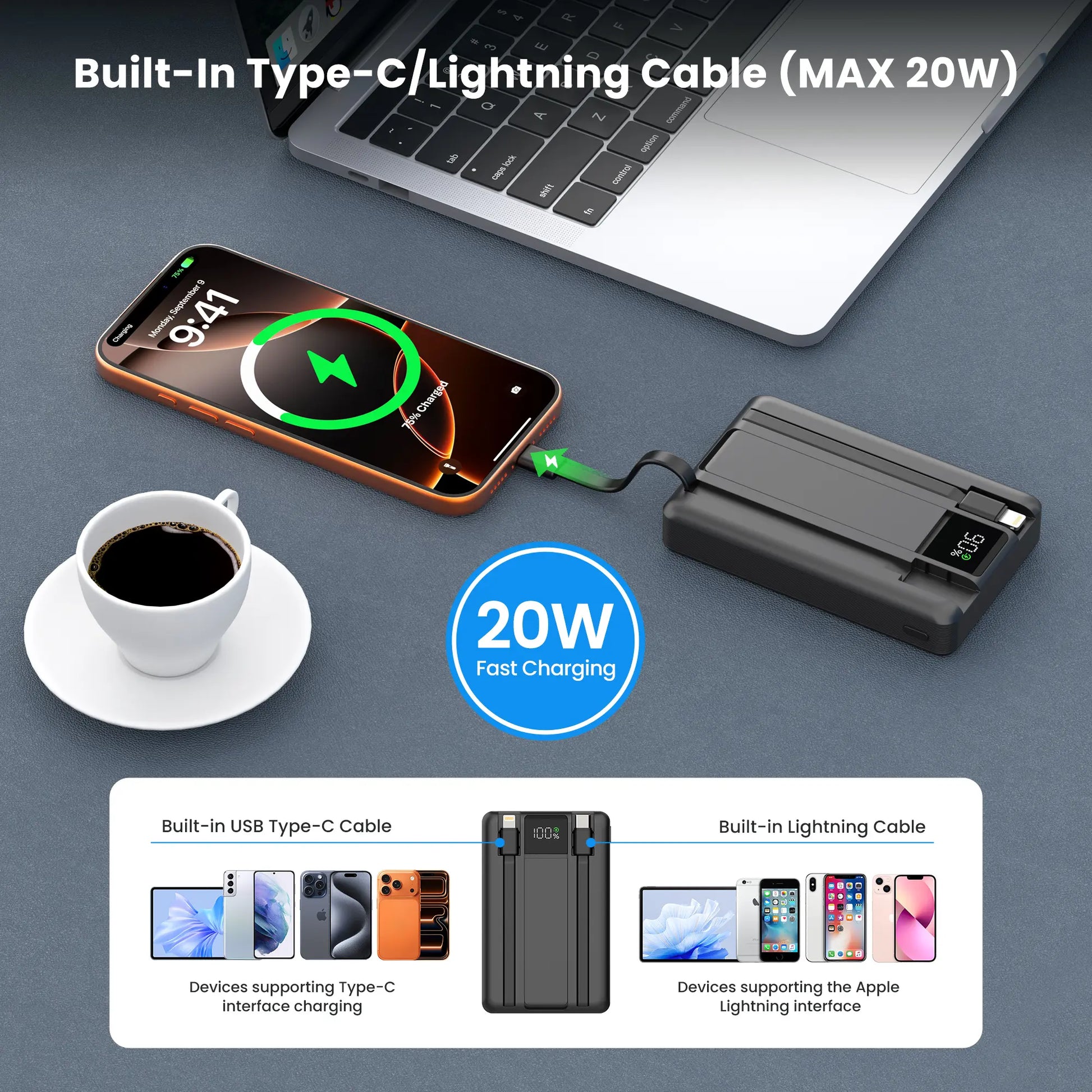 Digiera 10,000mAh MagSafe Wireless Power Bank with Dual USB-C and Lightning Cables, Featuring 2026 Heat-Control Technology, Compatible with iPhone 17/16/15/14/13/12 Series