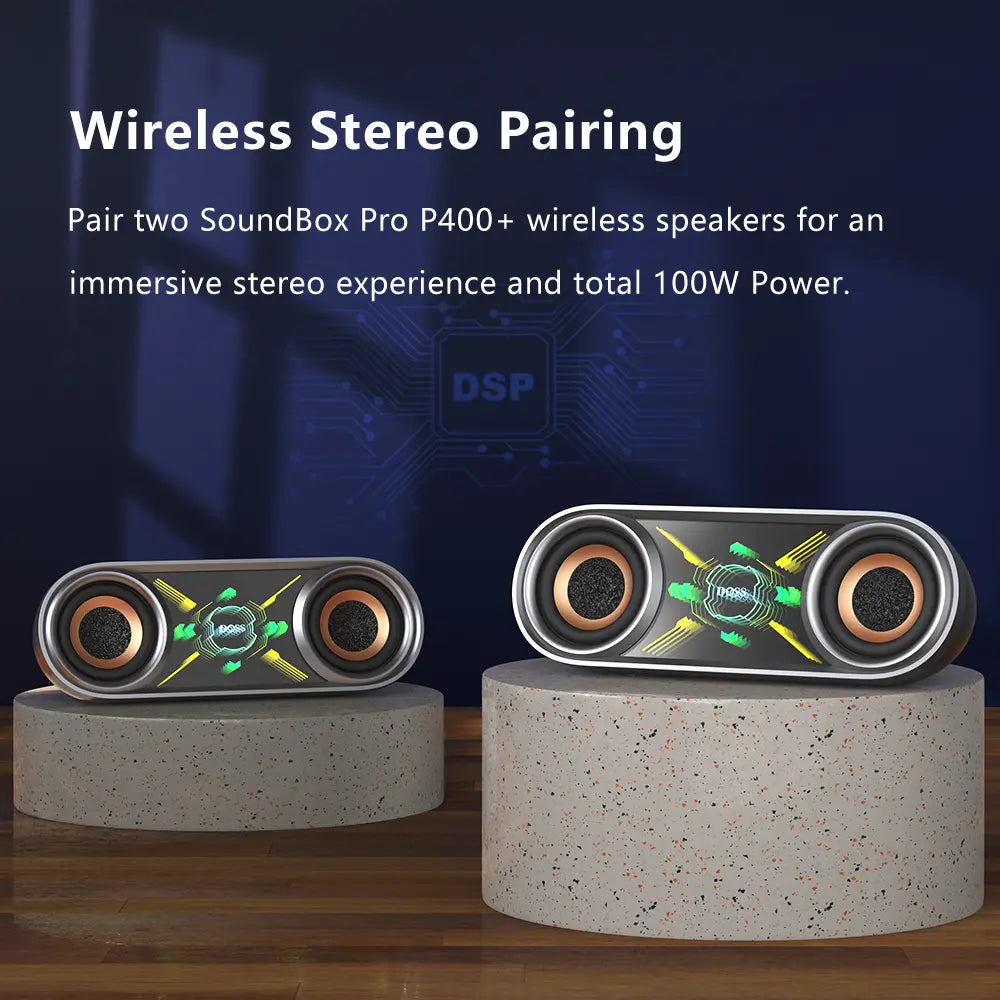 DOSS Soundbox Pro+ P400 Multifunctional Wireless Speaker - 50W Full Range Stereo with Dual 25W Woofer Drivers, DSP Technology, 26 Hours Playtime, Dual Rechargeable Batteries, Portable Design for Outdoor and Home Use, Black with Phantom Mirror Light Show