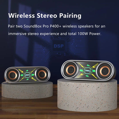 DOSS Soundbox Pro+ P400 Multifunctional Wireless Speaker - 50W Full Range Stereo with Dual 25W Woofer Drivers, DSP Technology, 26 Hours Playtime, Dual Rechargeable Batteries, Portable Design for Outdoor and Home Use, Black with Phantom Mirror Light Show