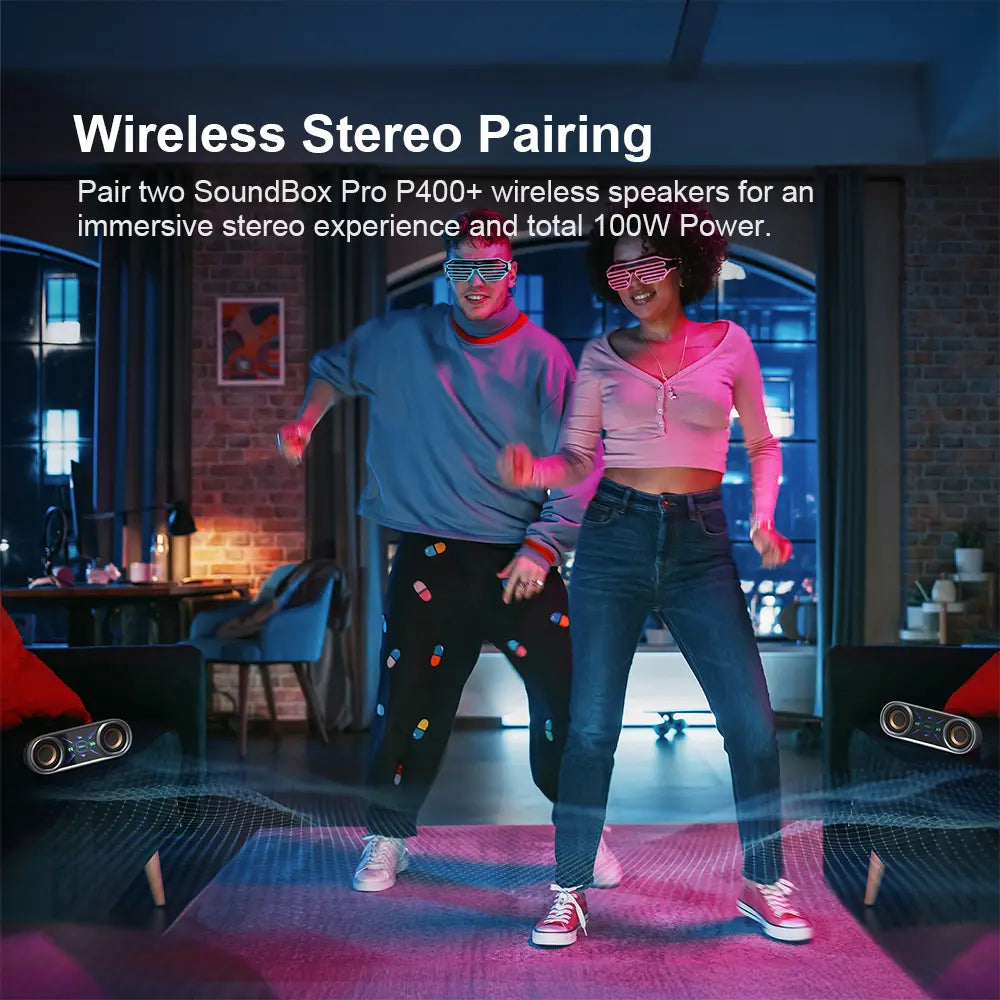 DOSS Soundbox Pro+ P400 Multifunctional Wireless Speaker - 50W Full Range Stereo with Dual 25W Woofer Drivers, DSP Technology, 26 Hours Playtime, Dual Rechargeable Batteries, Portable Design for Outdoor and Home Use, Black with Phantom Mirror Light Show