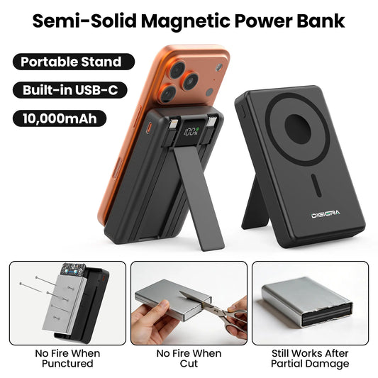 Digiera 10,000mAh MagSafe Wireless Power Bank with Dual USB-C and Lightning Cables, Featuring 2026 Heat-Control Technology, Compatible with iPhone 17/16/15/14/13/12 Series
