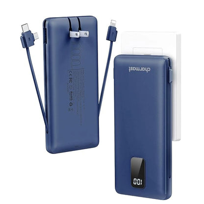 Charmast 10000mAh Portable Charger with Integrated Cables and Plug, Fast Charging USB-C Power Bank, Slim External Battery Pack, Travel Essential Compatible with iPhones, Samsung Galaxy, and iPad