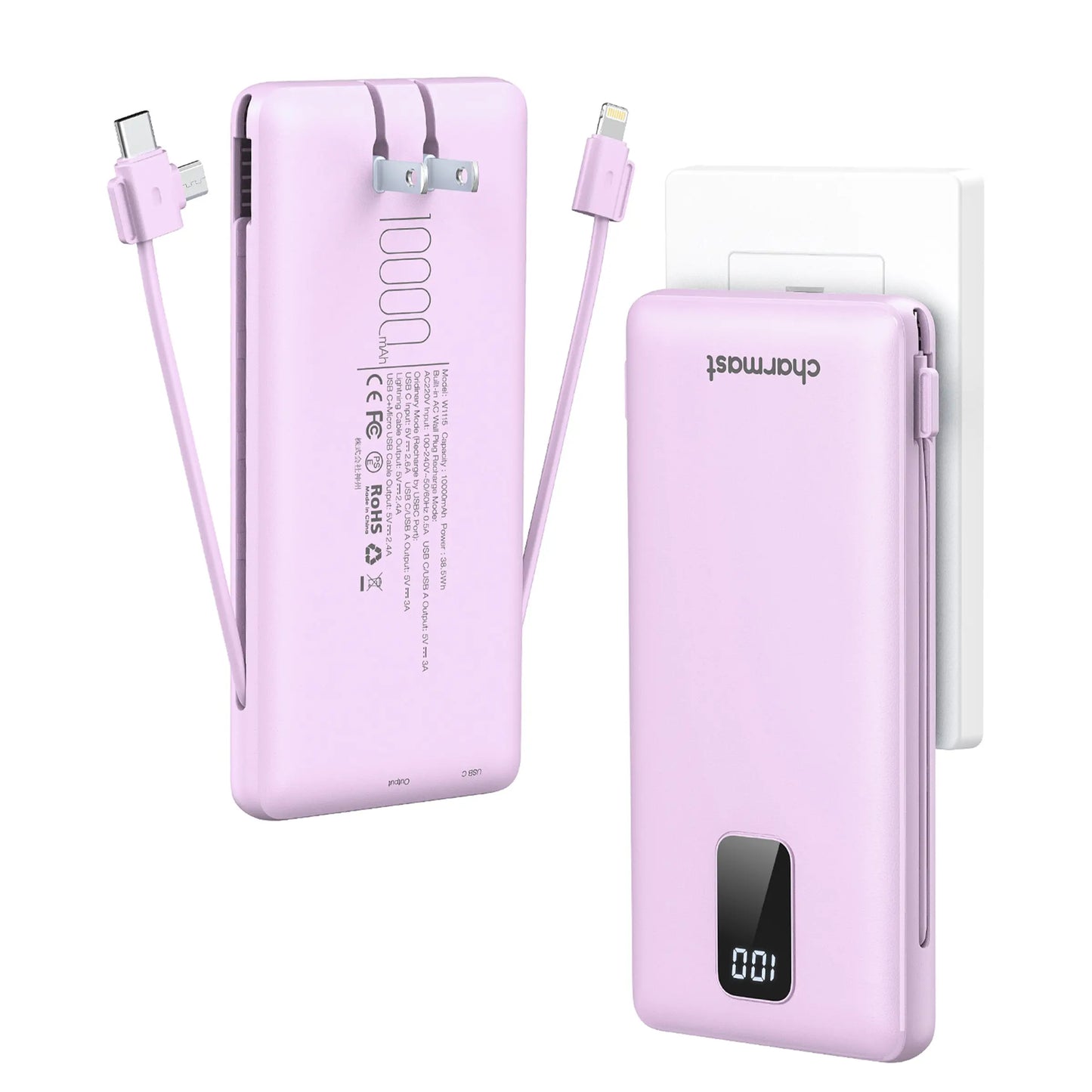 Charmast 10000mAh Portable Charger with Integrated Cables and Plug, Fast Charging USB-C Power Bank, Slim External Battery Pack, Travel Essential Compatible with iPhones, Samsung Galaxy, and iPad