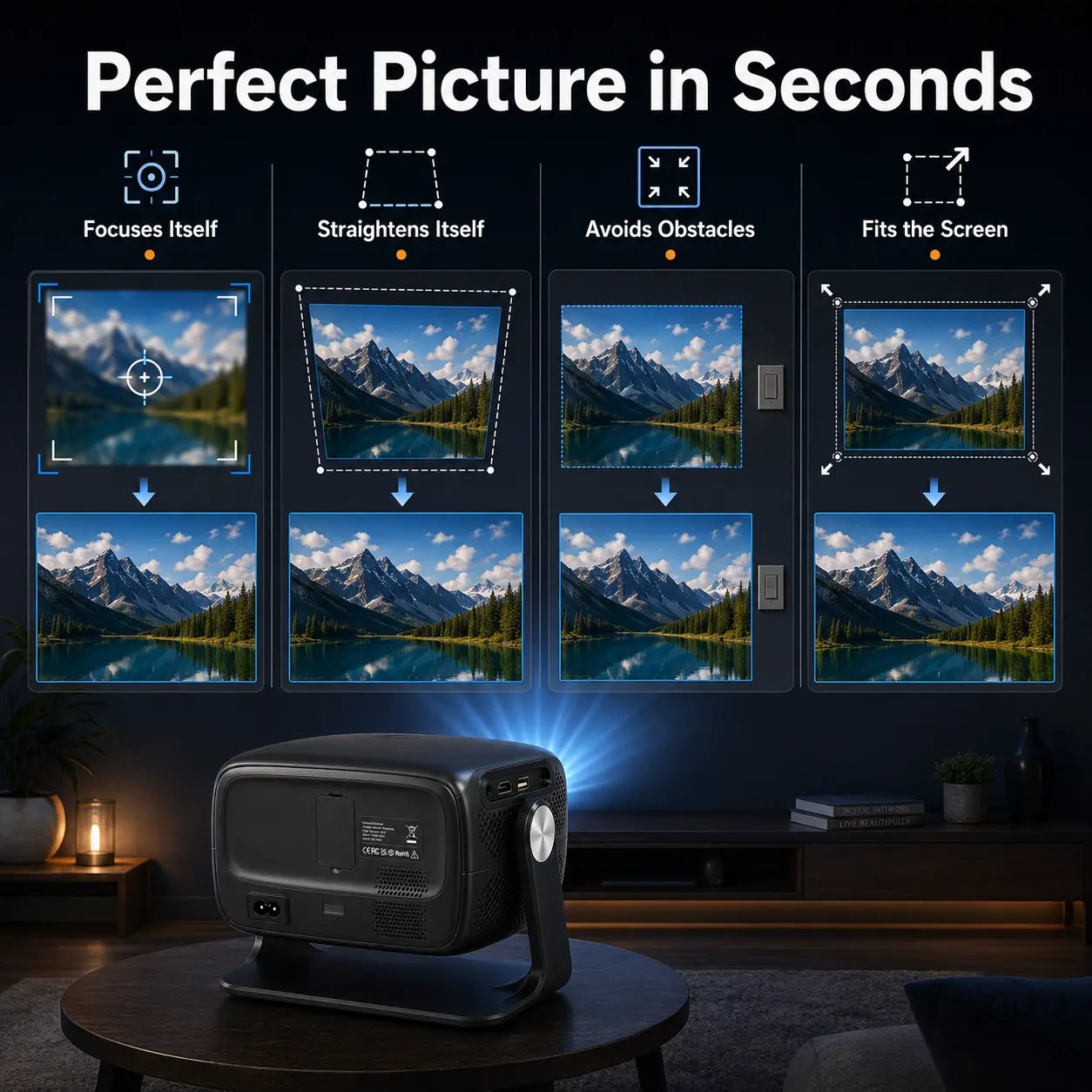 HUANLETOU 2026 C5 1080P Smart Projector with Built-In Android OS, 800 Lumens, Wi-Fi and Bluetooth Connectivity, Auto-Focus, and Keystone Correction for Versatile Applications, Ceiling Projection, and Outdoor Use