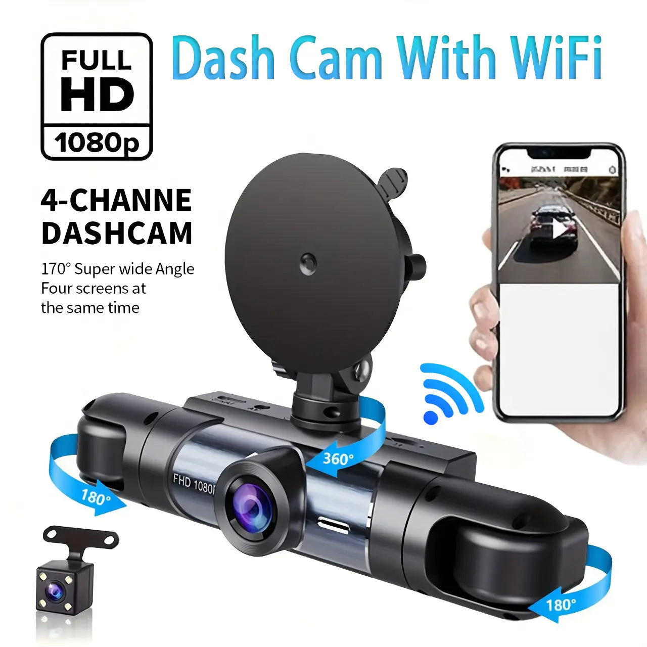 Nuokaiqi 360° Car Dash Cam with Starlight Night Vision, WiFi Connectivity, and Four Screen Surveillance System
