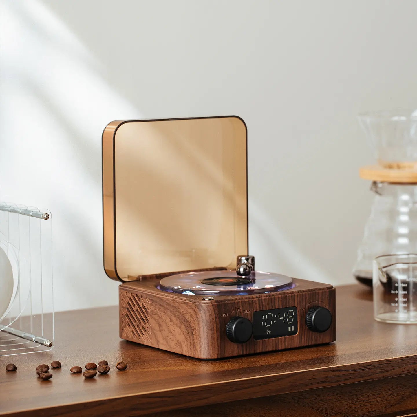 Bluetooth Speaker with Vintage Vinyl Design and Ambient Lighting, Ideal Nightstand Accessory with Relaxing Sound Features, Perfect Gift for Her