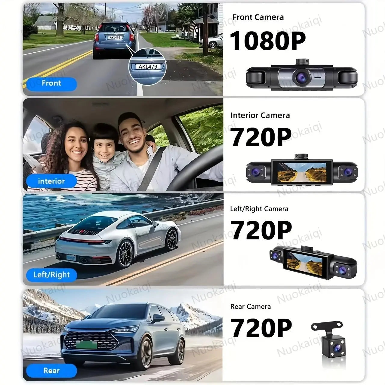 Nuokaiqi 360° Car Dash Cam with Starlight Night Vision, WiFi Connectivity, and Four Screen Surveillance System