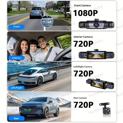 Nuokaiqi 360° Car Dash Cam with Starlight Night Vision, WiFi Connectivity, and Four Screen Surveillance System