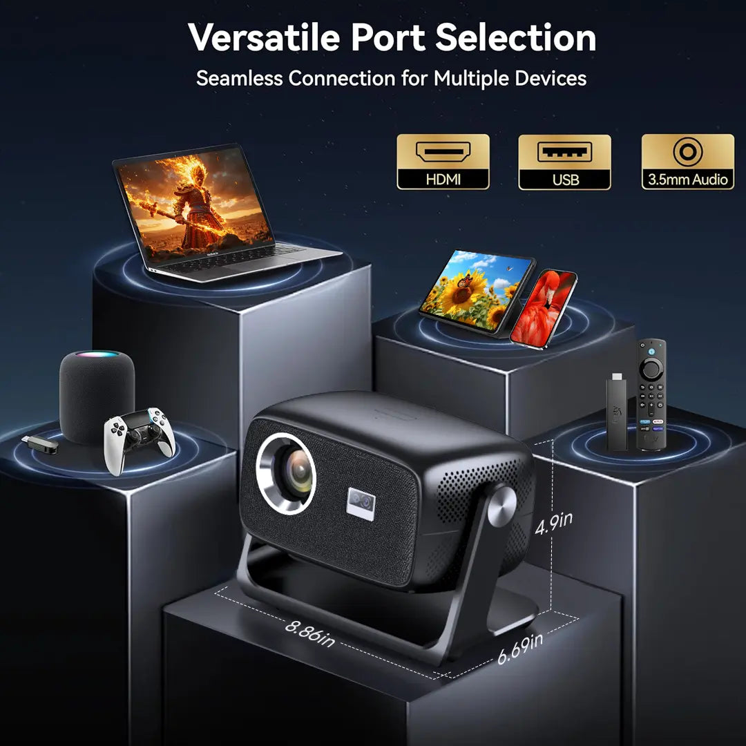 HUANLETOU 2026 C5 1080P Smart Projector with Built-In Android OS, 800 Lumens, Wi-Fi and Bluetooth Connectivity, Auto-Focus, and Keystone Correction for Versatile Applications, Ceiling Projection, and Outdoor Use