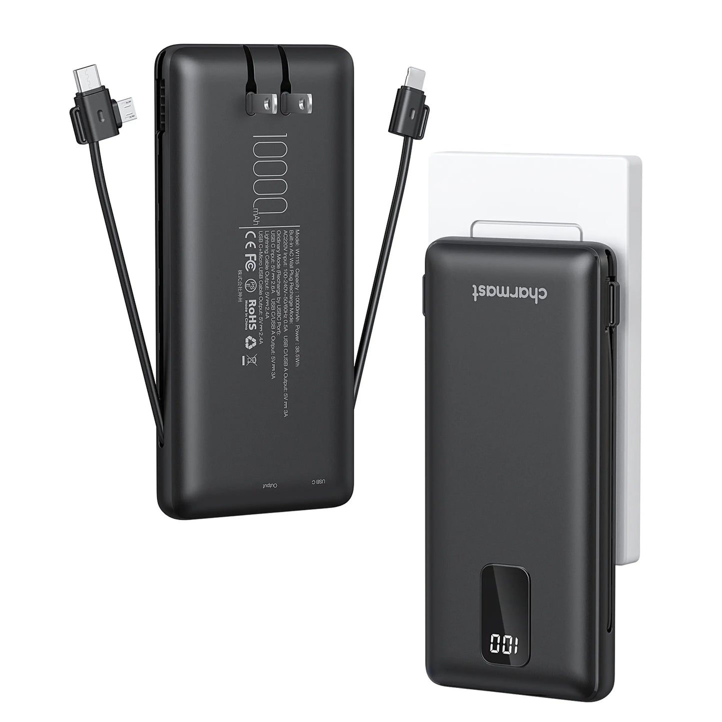 Charmast 10000mAh Portable Charger with Integrated Cables and Plug, Fast Charging USB-C Power Bank, Slim External Battery Pack, Travel Essential Compatible with iPhones, Samsung Galaxy, and iPad