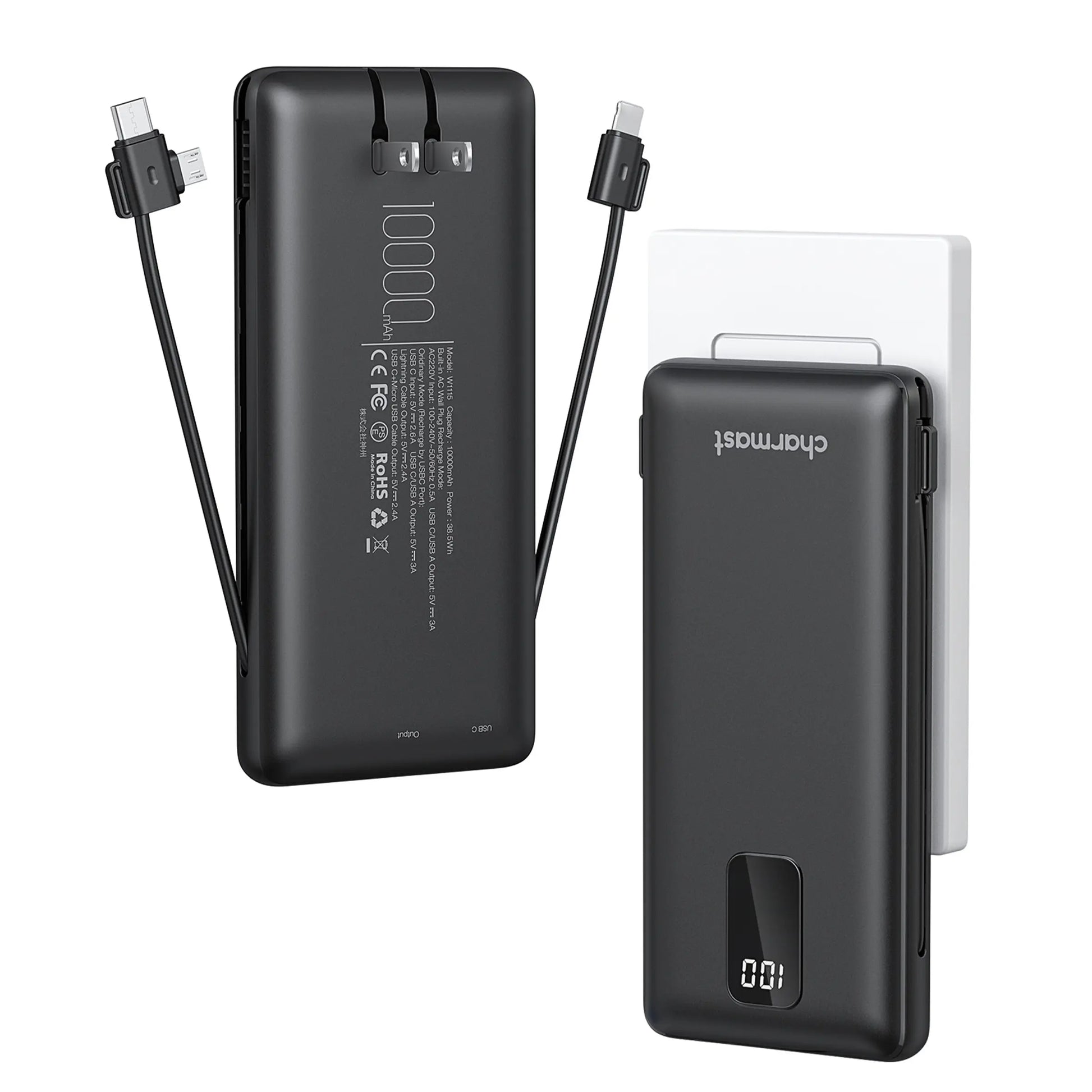 Charmast 10000mAh Portable Charger with Integrated Cables and Plug, Fast Charging USB-C Power Bank, Slim External Battery Pack, Travel Essential Compatible with iPhones, Samsung Galaxy, and iPad