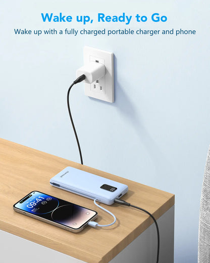 Charmast 10000mAh Portable Charger with Integrated Cables and Plug, Fast Charging USB-C Power Bank, Slim External Battery Pack, Travel Essential Compatible with iPhones, Samsung Galaxy, and iPad