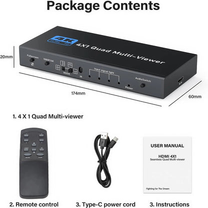 ACHAVE 4X1 HDMI Multiviewer Switch with Remote Control - Seamless 1080P/4K Switching and 5 Display Modes for Security Cameras and Gaming Consoles