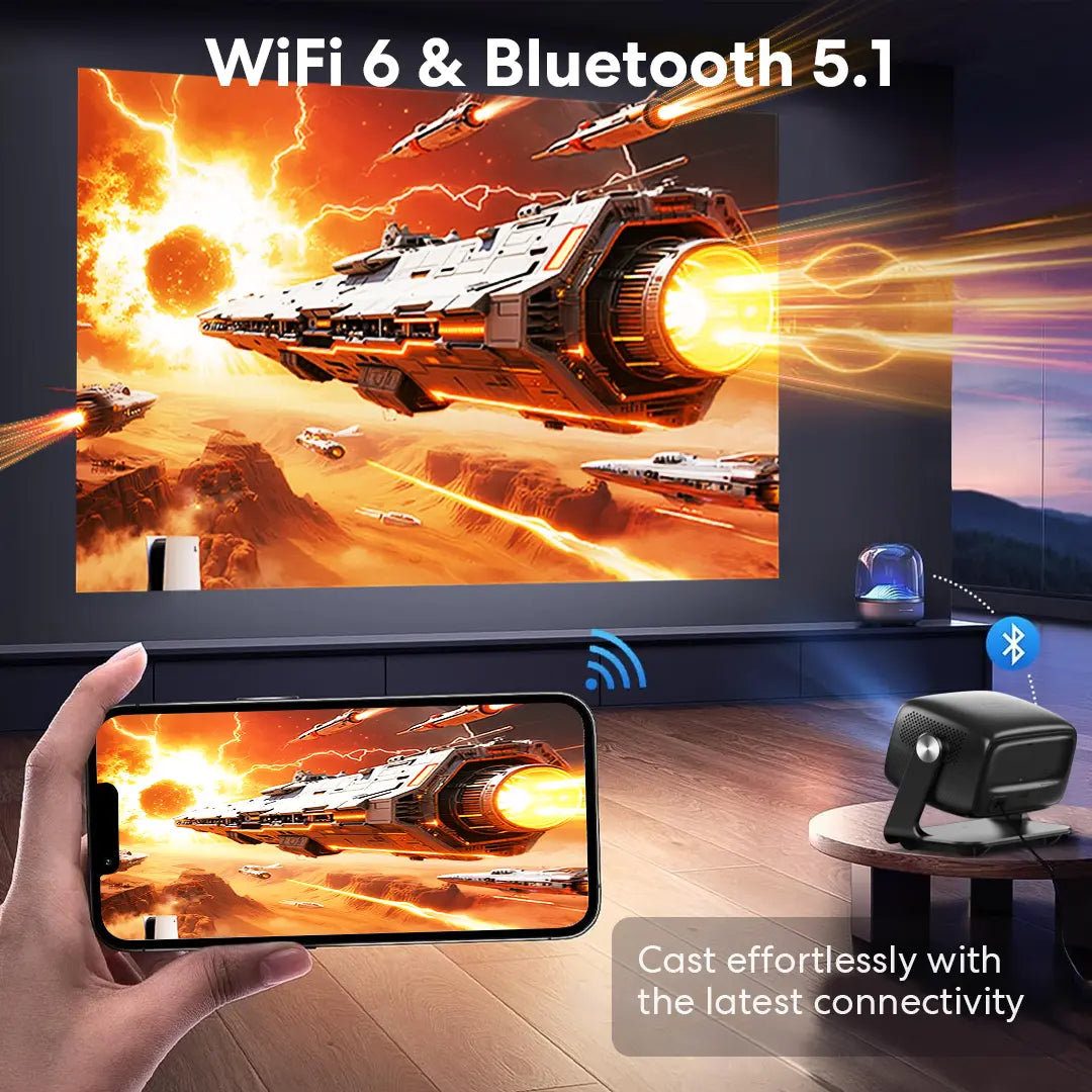 HUANLETOU 2026 C5 1080P Smart Projector with Built-In Android OS, 800 Lumens, Wi-Fi and Bluetooth Connectivity, Auto-Focus, and Keystone Correction for Versatile Applications, Ceiling Projection, and Outdoor Use