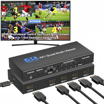 ACHAVE 4X1 HDMI Multiviewer Switch with Remote Control - Seamless 1080P/4K Switching and 5 Display Modes for Security Cameras and Gaming Consoles