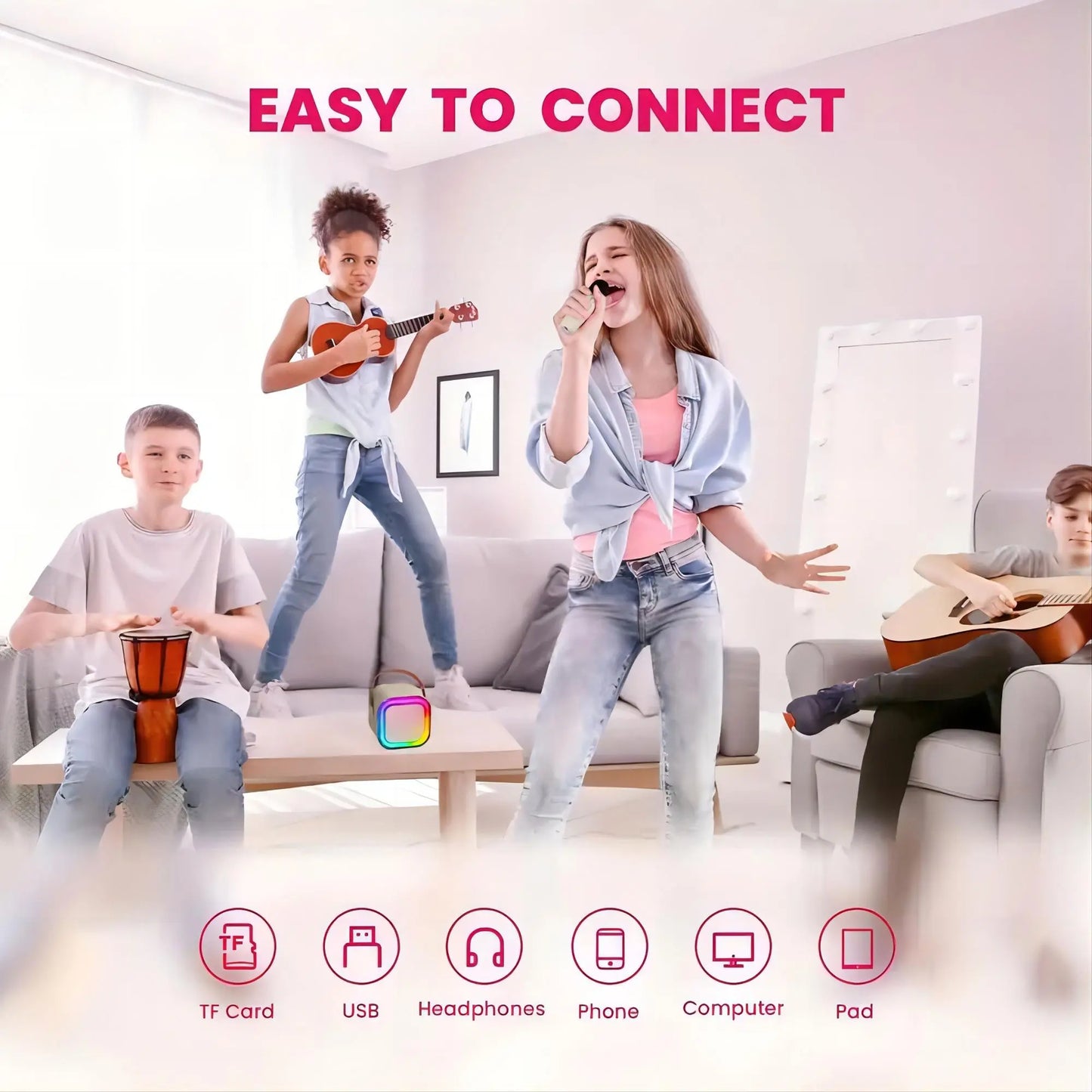 Portable Wireless Karaoke System with Hi-Fi Stereo Speaker, Wireless Microphone, and RGB LED Lights