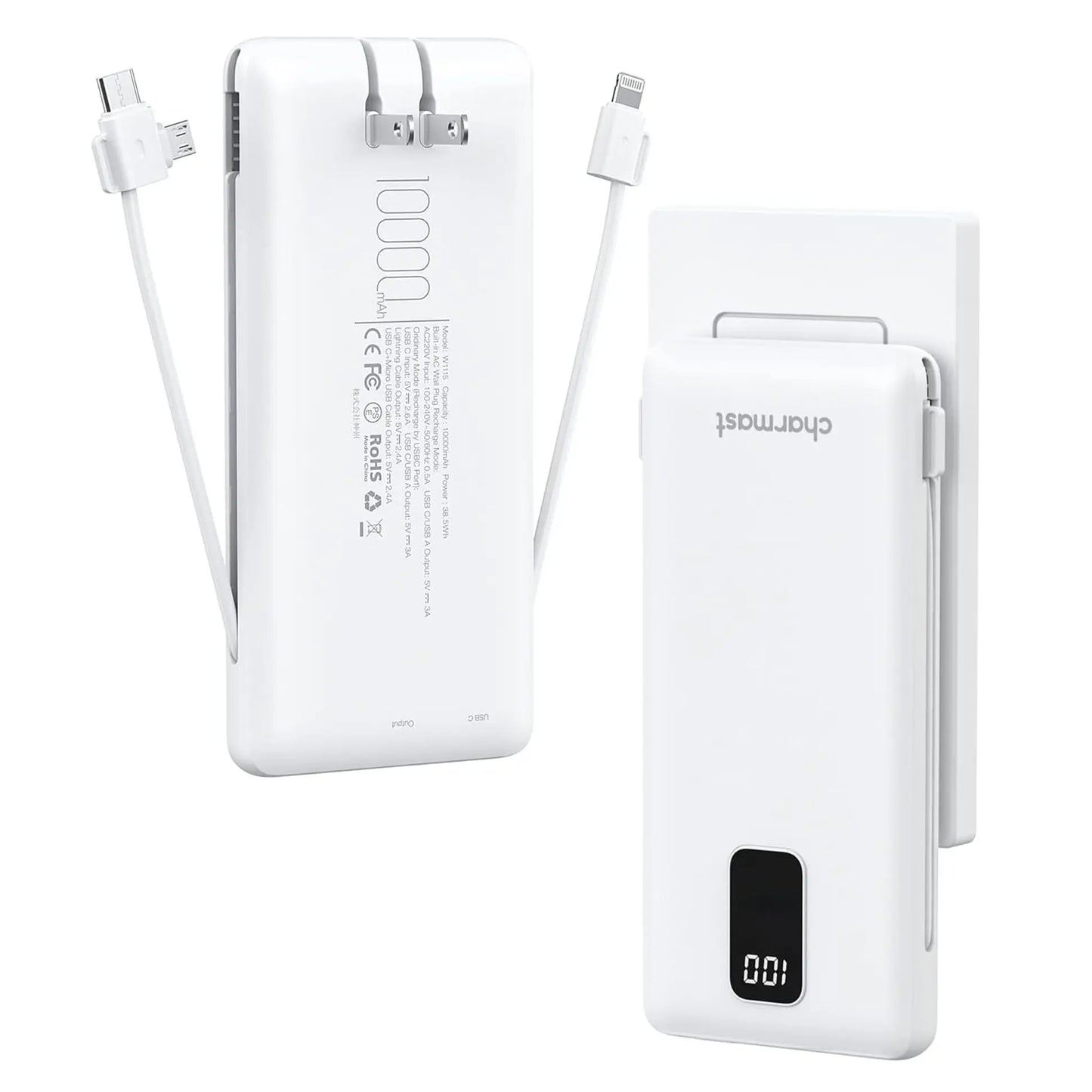 Charmast 10000mAh Portable Charger with Integrated Cables and Plug, Fast Charging USB-C Power Bank, Slim External Battery Pack, Travel Essential Compatible with iPhones, Samsung Galaxy, and iPad