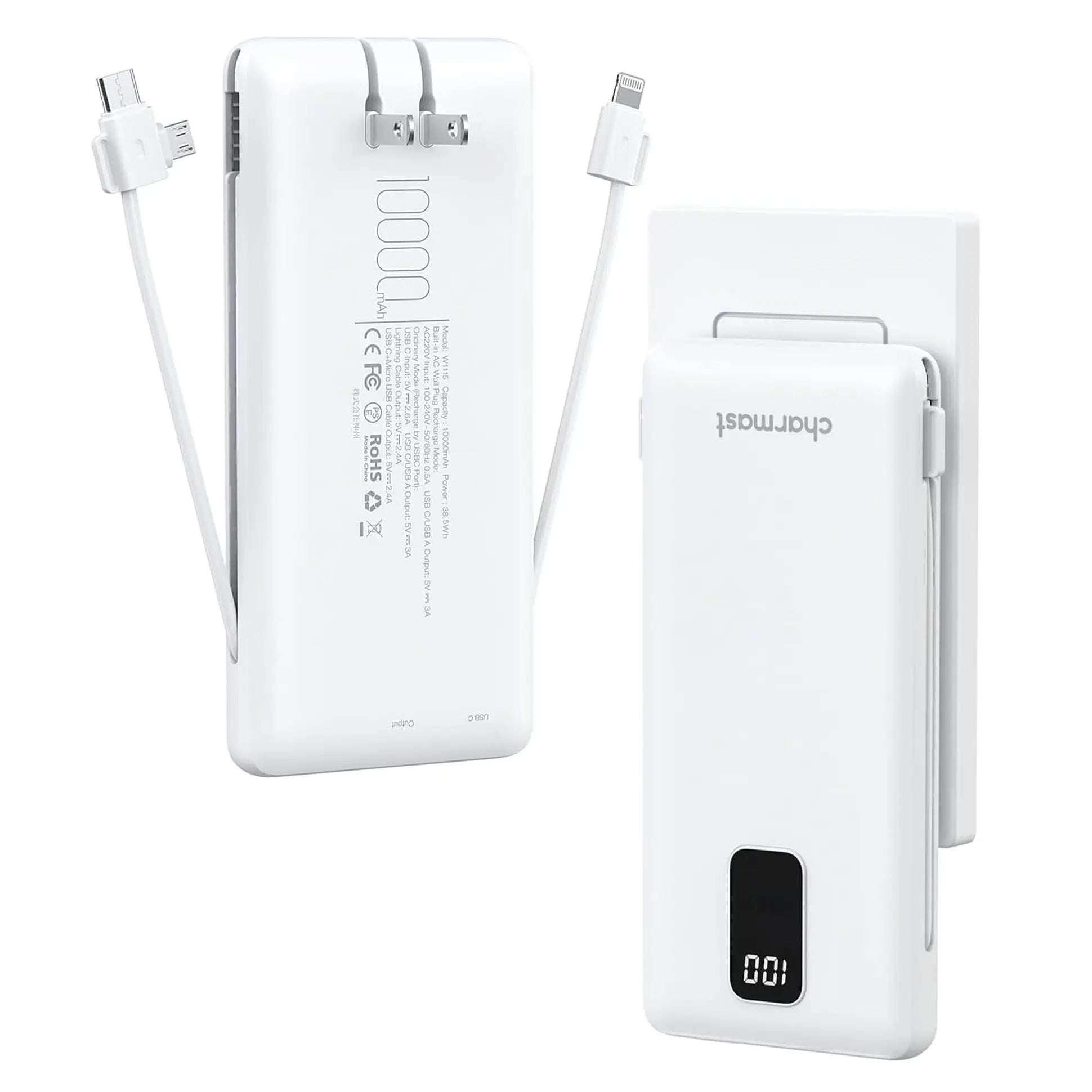 Charmast 10000mAh Portable Charger with Integrated Cables and Plug, Fast Charging USB-C Power Bank, Slim External Battery Pack, Travel Essential Compatible with iPhones, Samsung Galaxy, and iPad