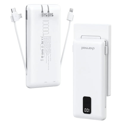 Charmast 10000mAh Portable Charger with Integrated Cables and Plug, Fast Charging USB-C Power Bank, Slim External Battery Pack, Travel Essential Compatible with iPhones, Samsung Galaxy, and iPad