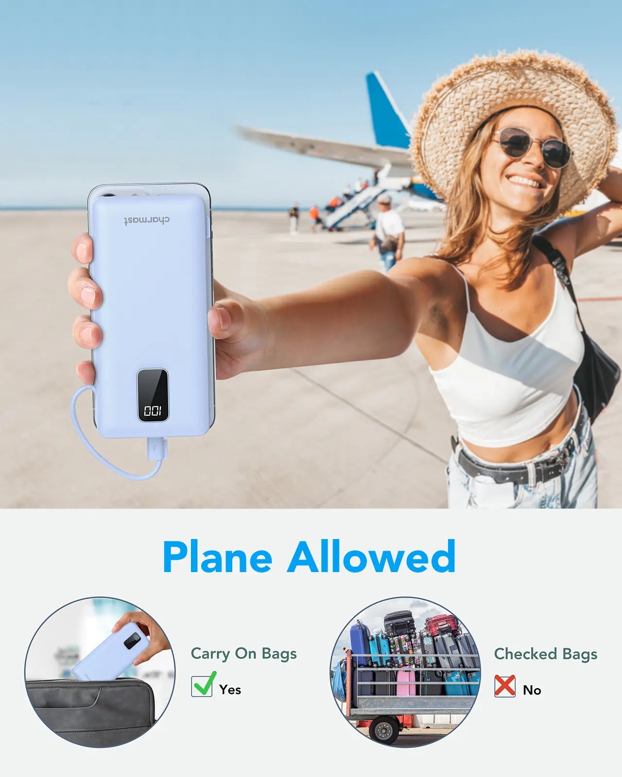 Charmast 10000mAh Portable Charger with Integrated Cables and Plug, Fast Charging USB-C Power Bank, Slim External Battery Pack, Travel Essential Compatible with iPhones, Samsung Galaxy, and iPad