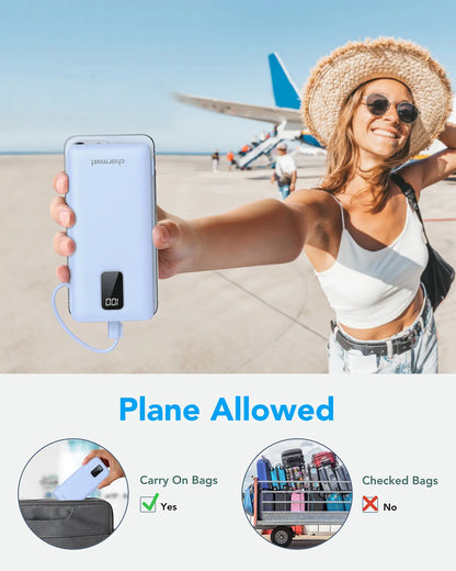 Charmast 10000mAh Portable Charger with Integrated Cables and Plug, Fast Charging USB-C Power Bank, Slim External Battery Pack, Travel Essential Compatible with iPhones, Samsung Galaxy, and iPad
