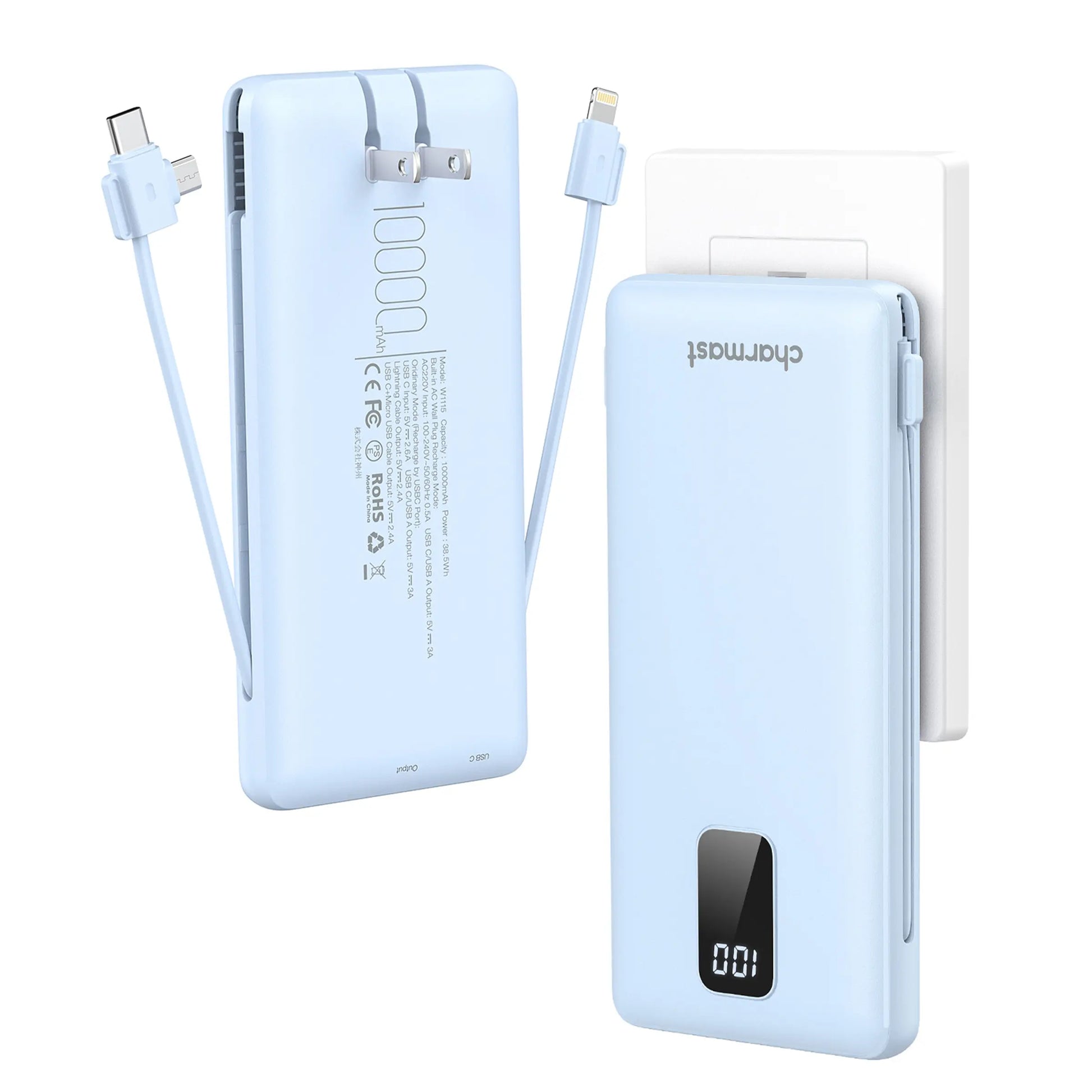 Charmast 10000mAh Portable Charger with Integrated Cables and Plug, Fast Charging USB-C Power Bank, Slim External Battery Pack, Travel Essential Compatible with iPhones, Samsung Galaxy, and iPad