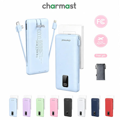 Charmast 10000mAh Portable Charger with Integrated Cables and Plug, Fast Charging USB-C Power Bank, Slim External Battery Pack, Travel Essential Compatible with iPhones, Samsung Galaxy, and iPad