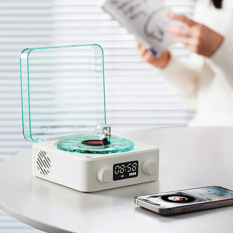 Bluetooth Speaker with Vintage Vinyl Design and Ambient Lighting, Ideal Nightstand Accessory with Relaxing Sound Features, Perfect Gift for Her