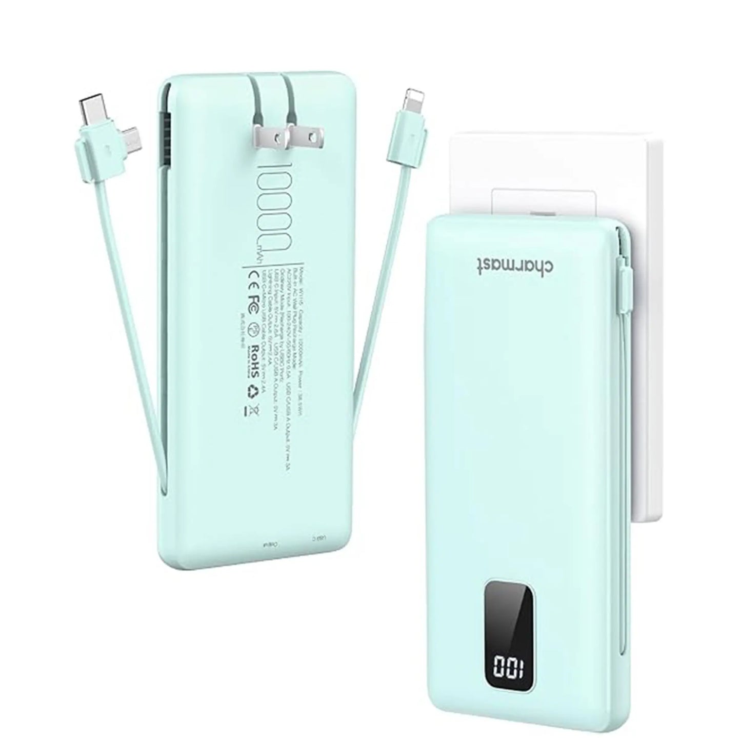 Charmast 10000mAh Portable Charger with Integrated Cables and Plug, Fast Charging USB-C Power Bank, Slim External Battery Pack, Travel Essential Compatible with iPhones, Samsung Galaxy, and iPad