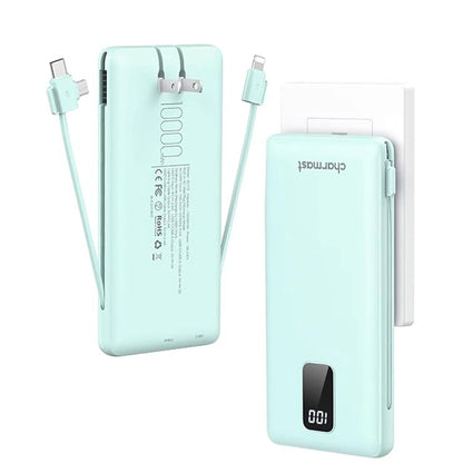 Charmast 10000mAh Portable Charger with Integrated Cables and Plug, Fast Charging USB-C Power Bank, Slim External Battery Pack, Travel Essential Compatible with iPhones, Samsung Galaxy, and iPad
